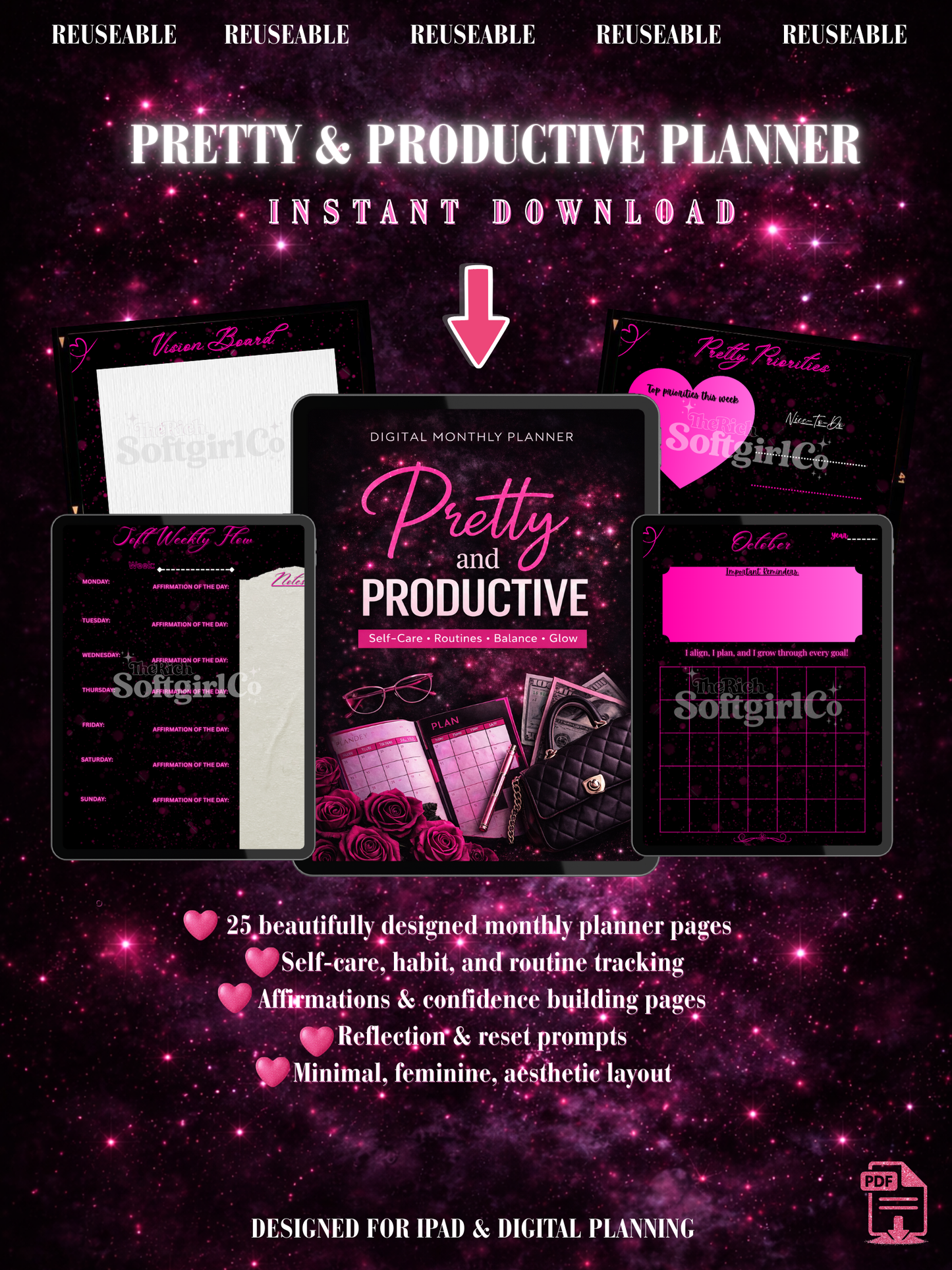 Pretty & Productive Monthly Planner | Soft Life Digital Planner | Self-Care, Balance & Glow-Up