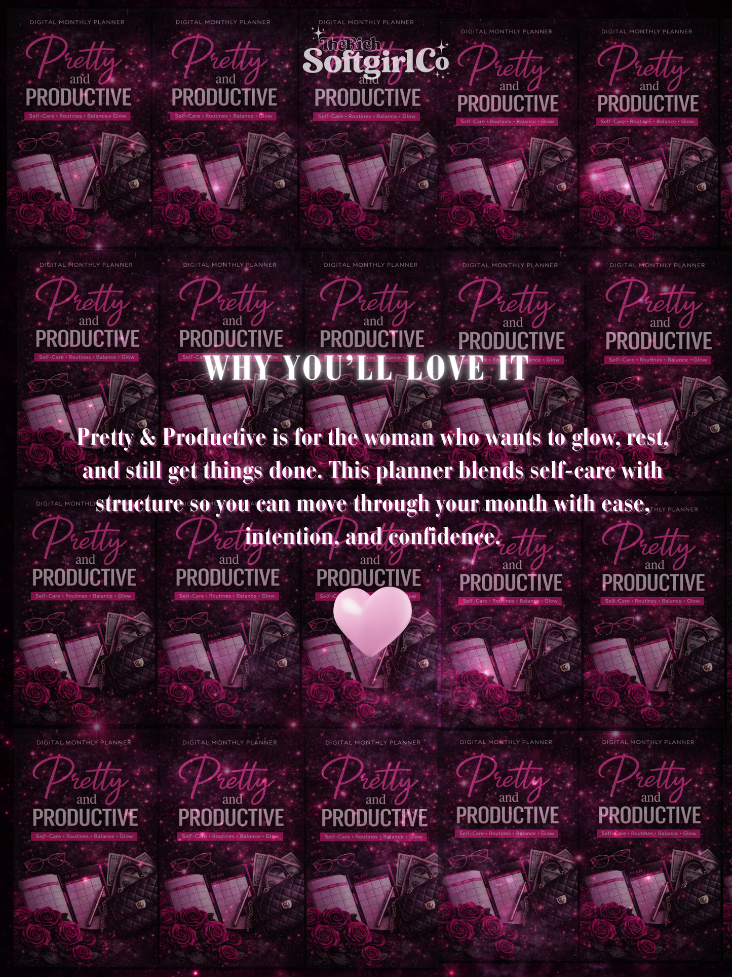 Pretty & Productive Monthly Planner | Soft Life Digital Planner | Self-Care, Balance & Glow-Up